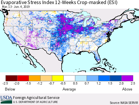 United States Evaporative Stress Index 12-Weeks Crop-masked (ESI) Thematic Map For 6/3/2019 - 6/9/2019