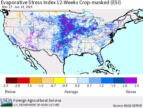 United States Evaporative Stress Index (ESI), 12-Weeks over Croplands Thematic Map For 6/17/2019 - 6/23/2019