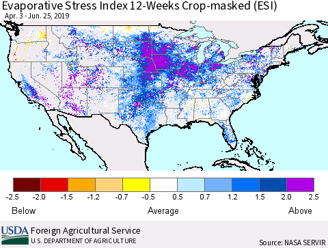 United States Evaporative Stress Index (ESI), 12-Weeks over Croplands Thematic Map For 6/24/2019 - 6/30/2019