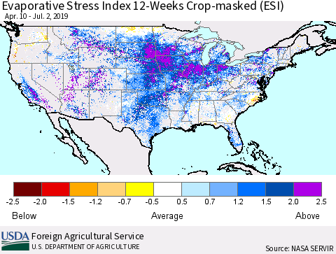 United States Evaporative Stress Index (ESI), 12-Weeks over Croplands Thematic Map For 7/1/2019 - 7/7/2019
