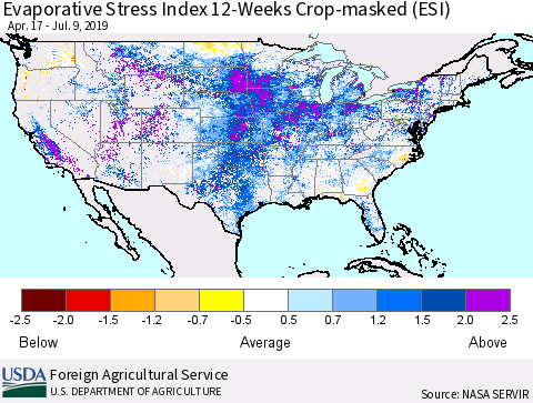 United States Evaporative Stress Index (ESI), 12-Weeks over Croplands Thematic Map For 7/8/2019 - 7/14/2019