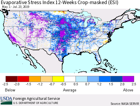 United States Evaporative Stress Index (ESI), 12-Weeks over Croplands Thematic Map For 7/22/2019 - 7/28/2019