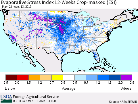 United States Evaporative Stress Index (ESI), 12-Weeks over Croplands Thematic Map For 8/12/2019 - 8/18/2019