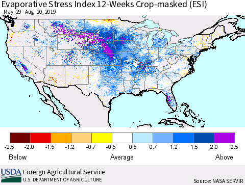 United States Evaporative Stress Index (ESI), 12-Weeks over Croplands Thematic Map For 8/19/2019 - 8/25/2019