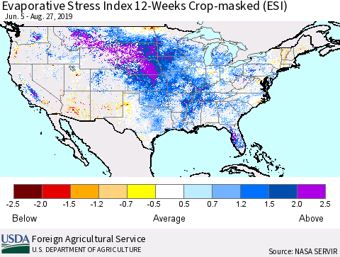 United States Evaporative Stress Index (ESI), 12-Weeks over Croplands Thematic Map For 8/26/2019 - 9/1/2019