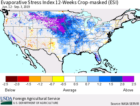 United States Evaporative Stress Index 12-Weeks Crop-masked (ESI) Thematic Map For 9/2/2019 - 9/8/2019