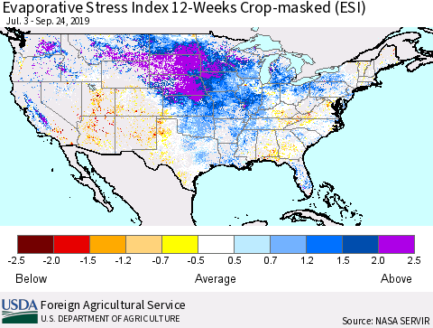 United States Evaporative Stress Index (ESI), 12-Weeks over Croplands Thematic Map For 9/23/2019 - 9/29/2019