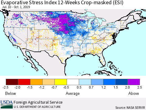 United States Evaporative Stress Index 12-Weeks Crop-masked (ESI) Thematic Map For 9/30/2019 - 10/6/2019
