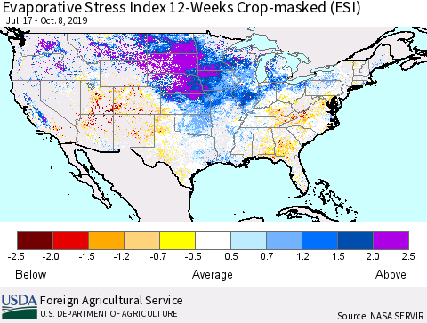 United States Evaporative Stress Index 12-Weeks Crop-masked (ESI) Thematic Map For 10/7/2019 - 10/13/2019