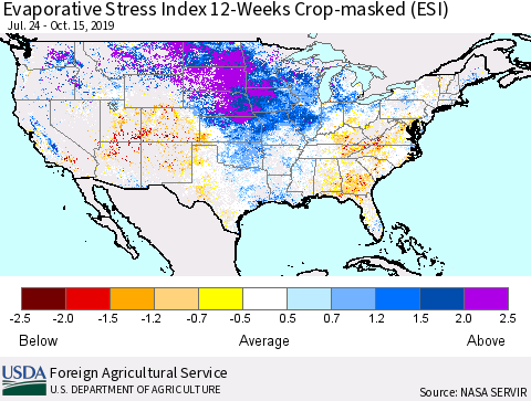 United States Evaporative Stress Index (ESI), 12-Weeks over Croplands Thematic Map For 10/14/2019 - 10/20/2019