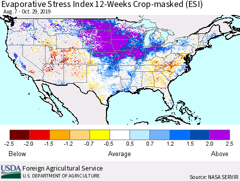 United States Evaporative Stress Index (ESI), 12-Weeks over Croplands Thematic Map For 10/28/2019 - 11/3/2019