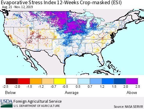 United States Evaporative Stress Index (ESI), 12-Weeks over Croplands Thematic Map For 11/11/2019 - 11/17/2019