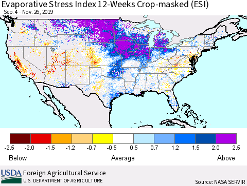 United States Evaporative Stress Index 12-Weeks Crop-masked (ESI) Thematic Map For 11/25/2019 - 12/1/2019