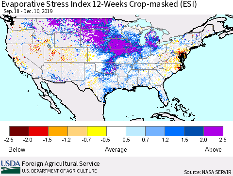 United States Evaporative Stress Index (ESI), 12-Weeks over Croplands Thematic Map For 12/9/2019 - 12/15/2019