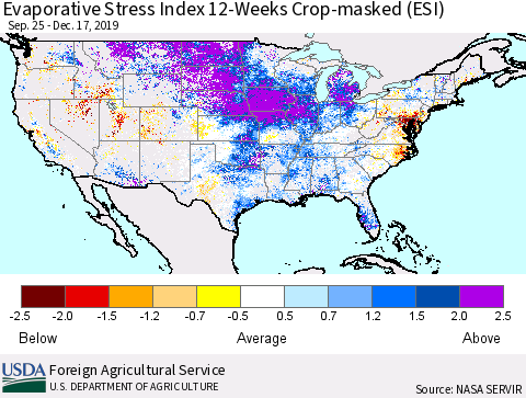 United States Evaporative Stress Index 12-Weeks Crop-masked (ESI) Thematic Map For 12/16/2019 - 12/22/2019