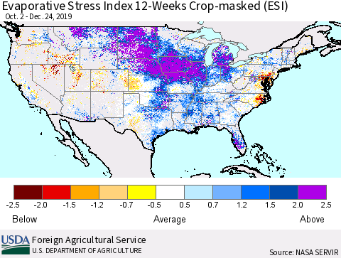 United States Evaporative Stress Index 12-Weeks Crop-masked (ESI) Thematic Map For 12/23/2019 - 12/29/2019