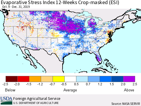 United States Evaporative Stress Index (ESI), 12-Weeks over Croplands Thematic Map For 12/30/2019 - 1/5/2020