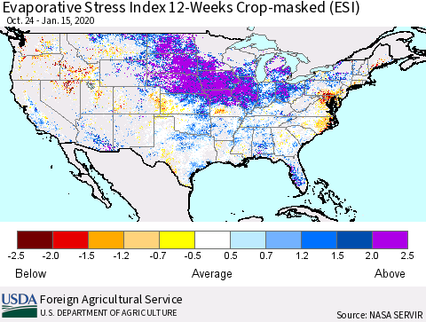 United States Evaporative Stress Index 12-Weeks Crop-masked (ESI) Thematic Map For 1/13/2020 - 1/19/2020