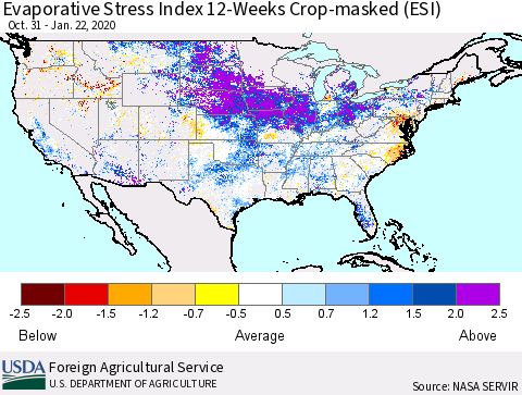 United States Evaporative Stress Index (ESI), 12-Weeks over Croplands Thematic Map For 1/20/2020 - 1/26/2020