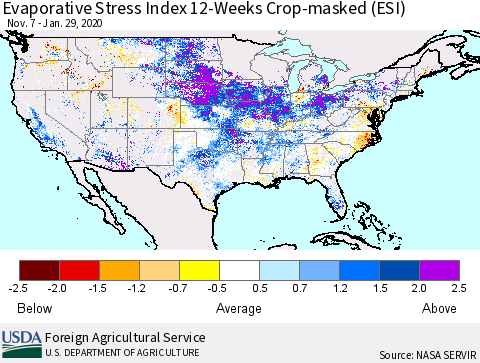 United States Evaporative Stress Index 12-Weeks Crop-masked (ESI) Thematic Map For 1/27/2020 - 2/2/2020
