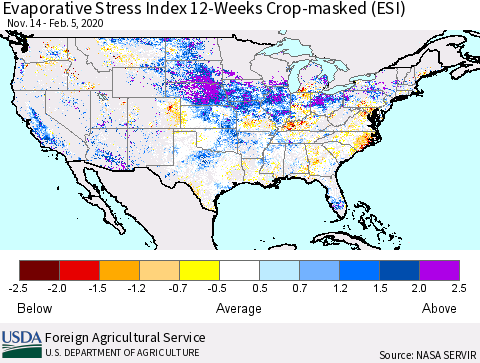 United States Evaporative Stress Index (ESI), 12-Weeks over Croplands Thematic Map For 2/3/2020 - 2/9/2020