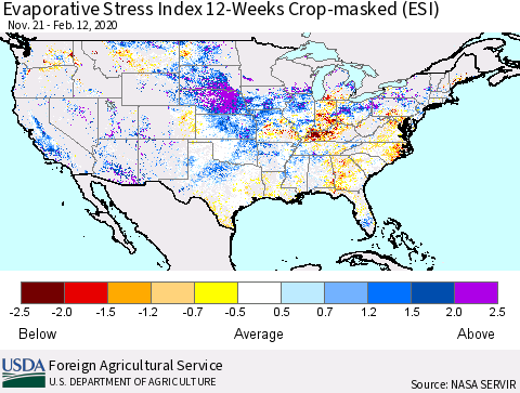 United States Evaporative Stress Index (ESI), 12-Weeks over Croplands Thematic Map For 2/10/2020 - 2/16/2020