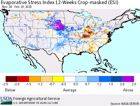 United States Evaporative Stress Index 12-Weeks Crop-masked (ESI) Thematic Map For 2/17/2020 - 2/23/2020