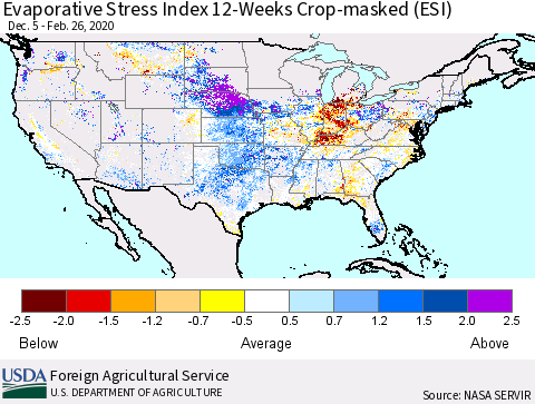 United States Evaporative Stress Index (ESI), 12-Weeks over Croplands Thematic Map For 2/24/2020 - 3/1/2020