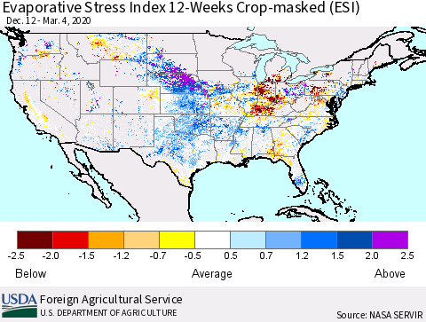 United States Evaporative Stress Index (ESI), 12-Weeks over Croplands Thematic Map For 3/2/2020 - 3/8/2020