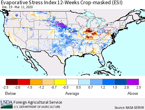 United States Evaporative Stress Index (ESI), 12-Weeks over Croplands Thematic Map For 3/9/2020 - 3/15/2020