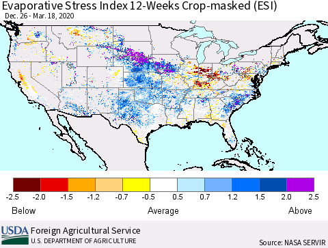 United States Evaporative Stress Index (ESI), 12-Weeks over Croplands Thematic Map For 3/16/2020 - 3/22/2020