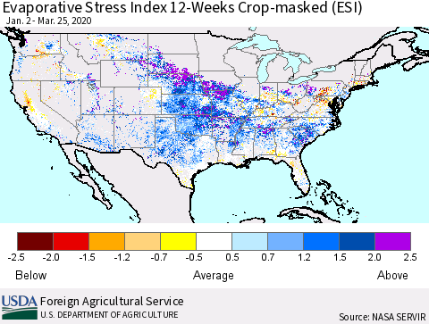 United States Evaporative Stress Index 12-Weeks Crop-masked (ESI) Thematic Map For 3/23/2020 - 3/29/2020