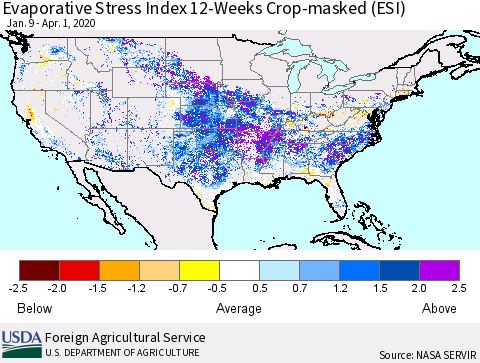 United States Evaporative Stress Index (ESI), 12-Weeks over Croplands Thematic Map For 3/30/2020 - 4/5/2020