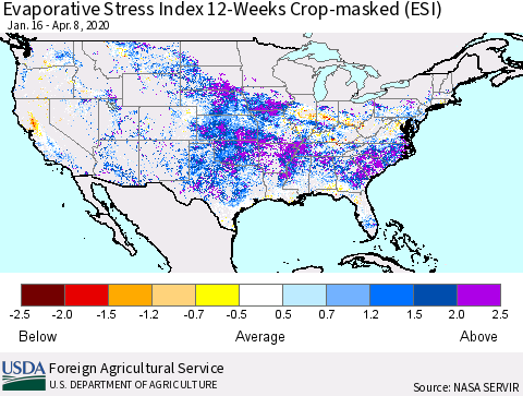United States Evaporative Stress Index 12-Weeks Crop-masked (ESI) Thematic Map For 4/6/2020 - 4/12/2020