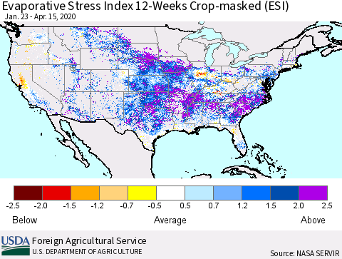 United States Evaporative Stress Index (ESI), 12-Weeks over Croplands Thematic Map For 4/13/2020 - 4/19/2020