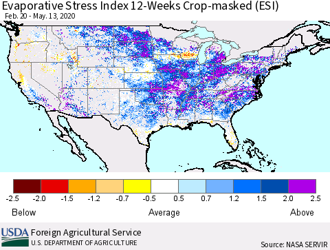 United States Evaporative Stress Index (ESI), 12-Weeks over Croplands Thematic Map For 5/11/2020 - 5/17/2020