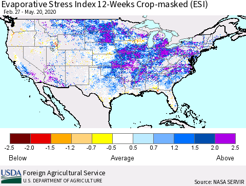 United States Evaporative Stress Index (ESI), 12-Weeks over Croplands Thematic Map For 5/18/2020 - 5/24/2020