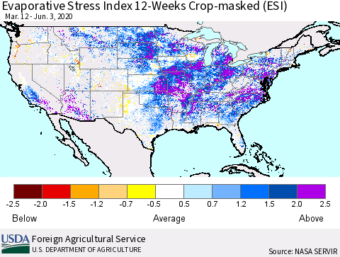 United States Evaporative Stress Index (ESI), 12-Weeks over Croplands Thematic Map For 6/1/2020 - 6/7/2020