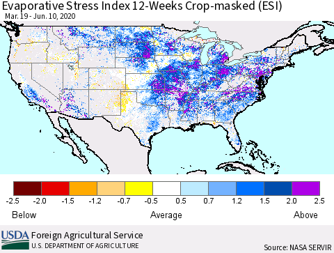 United States Evaporative Stress Index (ESI), 12-Weeks over Croplands Thematic Map For 6/8/2020 - 6/14/2020