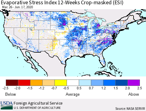 United States Evaporative Stress Index 12-Weeks Crop-masked (ESI) Thematic Map For 6/15/2020 - 6/21/2020