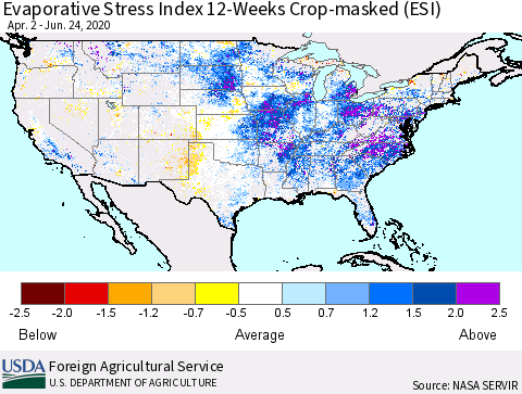 United States Evaporative Stress Index 12-Weeks Crop-masked (ESI) Thematic Map For 6/22/2020 - 6/28/2020