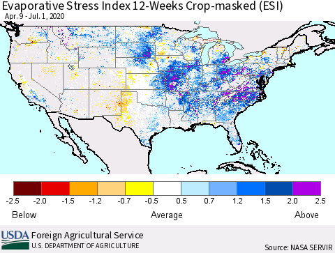 United States Evaporative Stress Index 12-Weeks Crop-masked (ESI) Thematic Map For 6/29/2020 - 7/5/2020