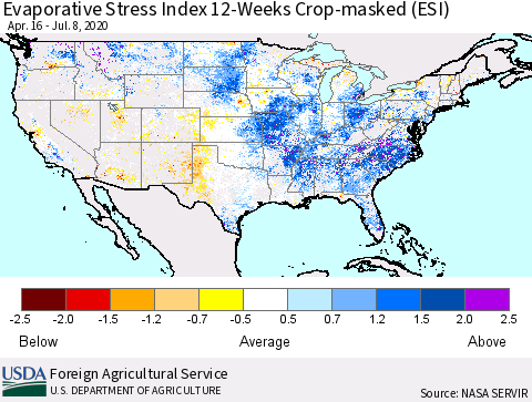 United States Evaporative Stress Index (ESI), 12-Weeks over Croplands Thematic Map For 7/6/2020 - 7/12/2020