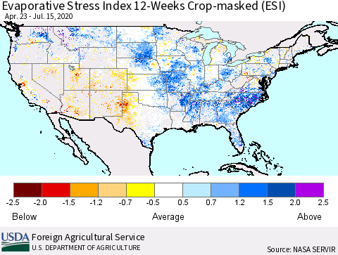United States Evaporative Stress Index 12-Weeks Crop-masked (ESI) Thematic Map For 7/13/2020 - 7/19/2020