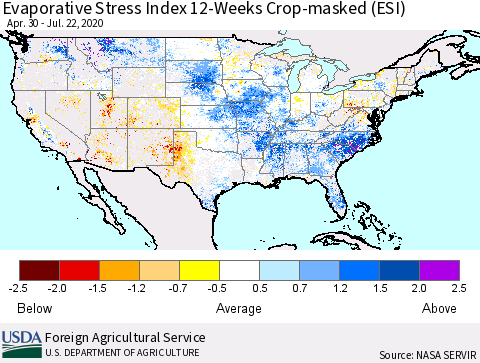 United States Evaporative Stress Index 12-Weeks Crop-masked (ESI) Thematic Map For 7/20/2020 - 7/26/2020