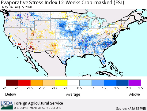 United States Evaporative Stress Index (ESI), 12-Weeks over Croplands Thematic Map For 8/3/2020 - 8/9/2020