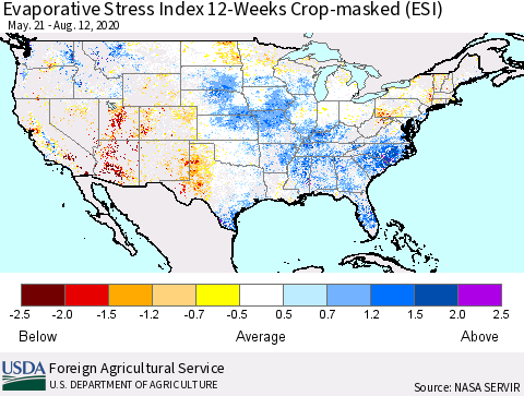 United States Evaporative Stress Index 12-Weeks Crop-masked (ESI) Thematic Map For 8/10/2020 - 8/16/2020