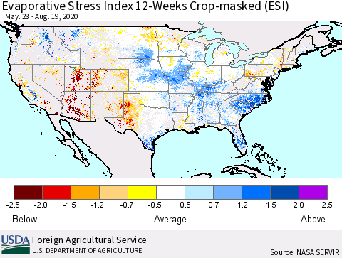 United States Evaporative Stress Index (ESI), 12-Weeks over Croplands Thematic Map For 8/17/2020 - 8/23/2020