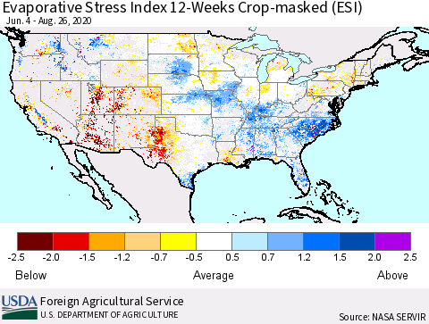 United States Evaporative Stress Index (ESI), 12-Weeks over Croplands Thematic Map For 8/24/2020 - 8/30/2020