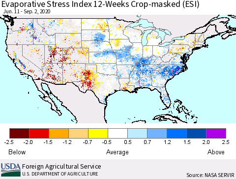 United States Evaporative Stress Index 12-Weeks Crop-masked (ESI) Thematic Map For 8/31/2020 - 9/6/2020